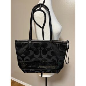 Coach Signature C black jacquard with sequin stripe tote/shoulder bag